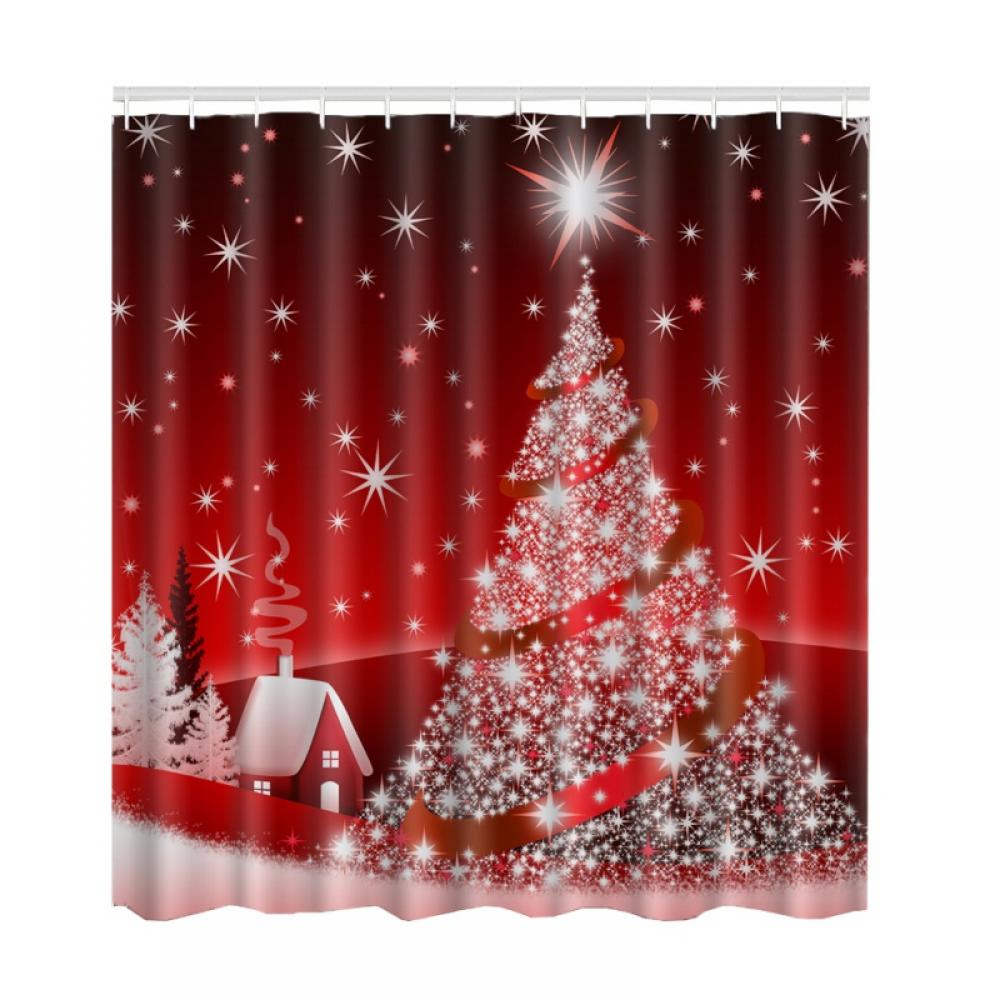 Christmas Shower Curtain Waterproof Home Bathroom Xmas Polyester With 12 Hooks